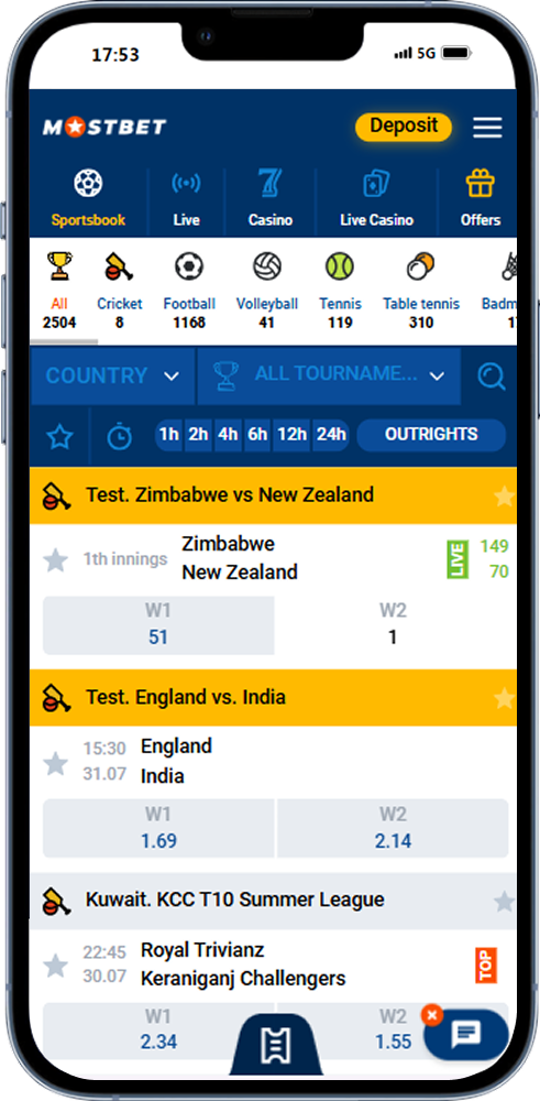 Sports betting options on Mostbet app screenshot showcasing cricket markets